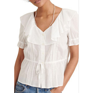 Alex Mill Blouse Button Down Ruffle Trim white with Tie Waist Size M